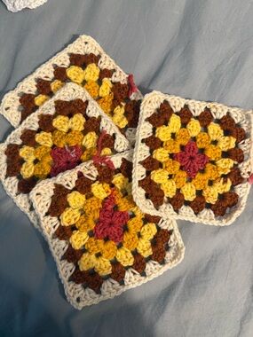 4 Handmade Crochet Granny Square Coasters - Cream, Mustard, Brown, Rose